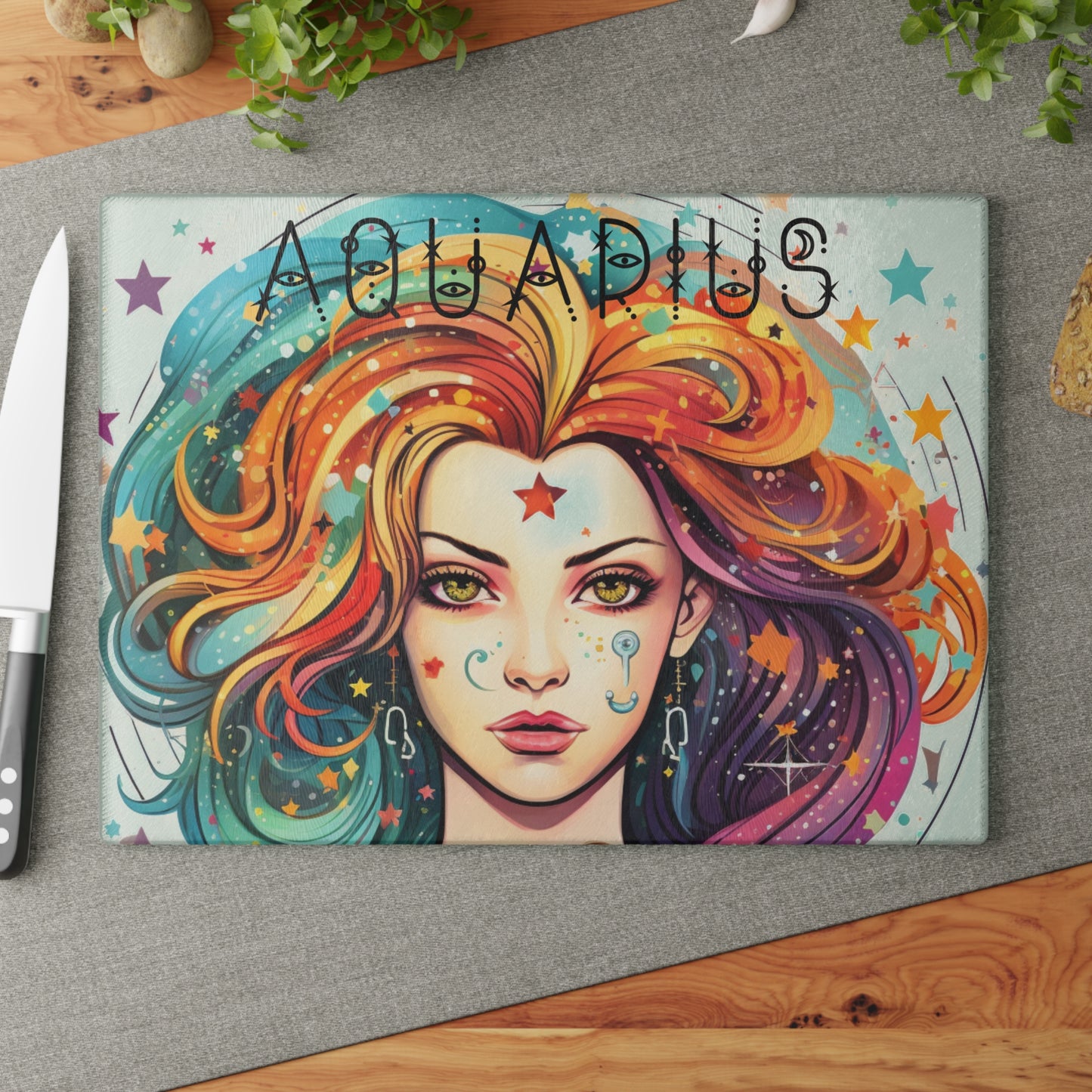 Aquarius Glass Cutting Board – Zodiac Gift for Astrology Lovers, Kitchen Decor, Unique Housewarming Present, Personalized Cooking