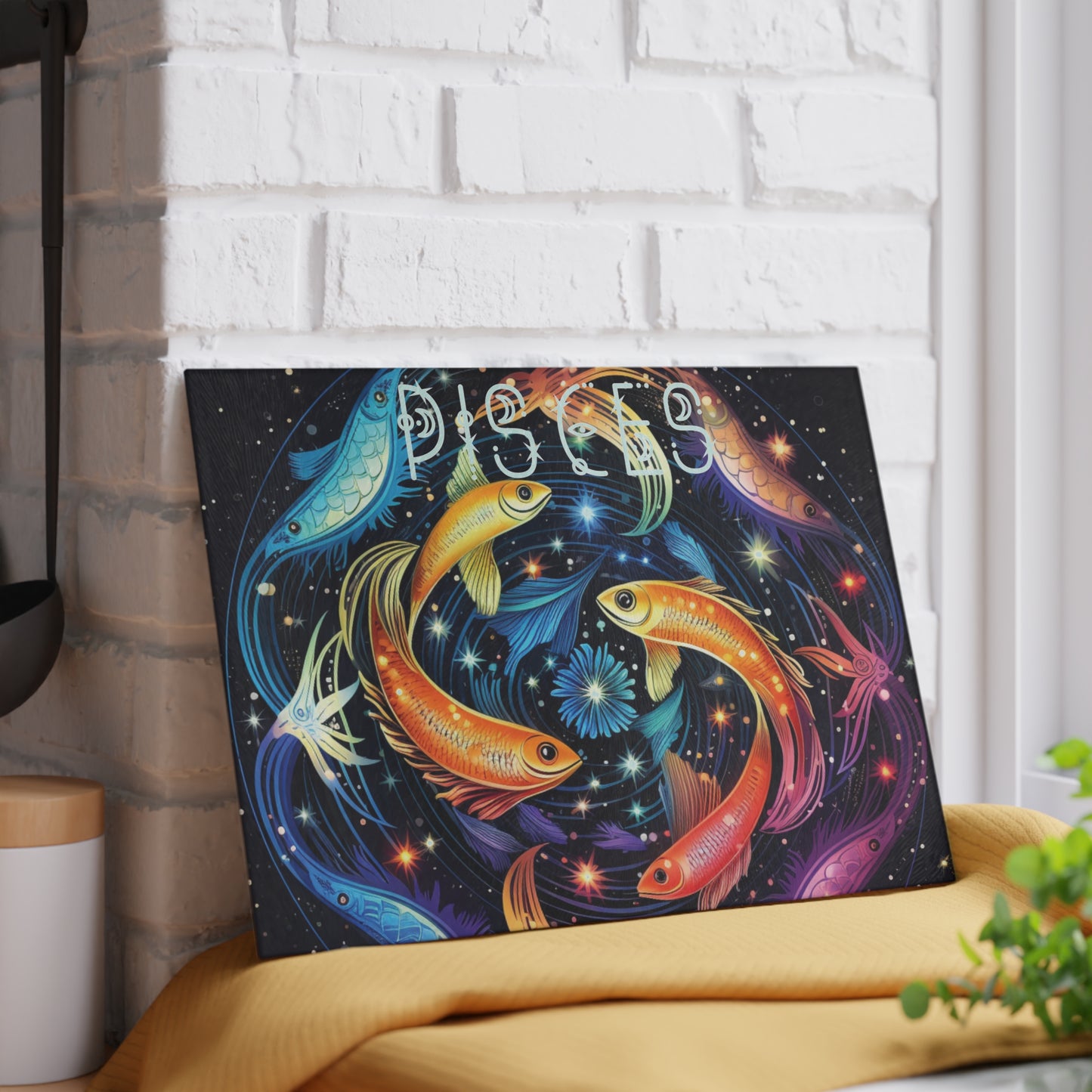 Vibrant Zodiac Glass Cutting Board - Pisces Art, Kitchen Decor, Gift for Astrologers, Cooking Accessory, Home Decor