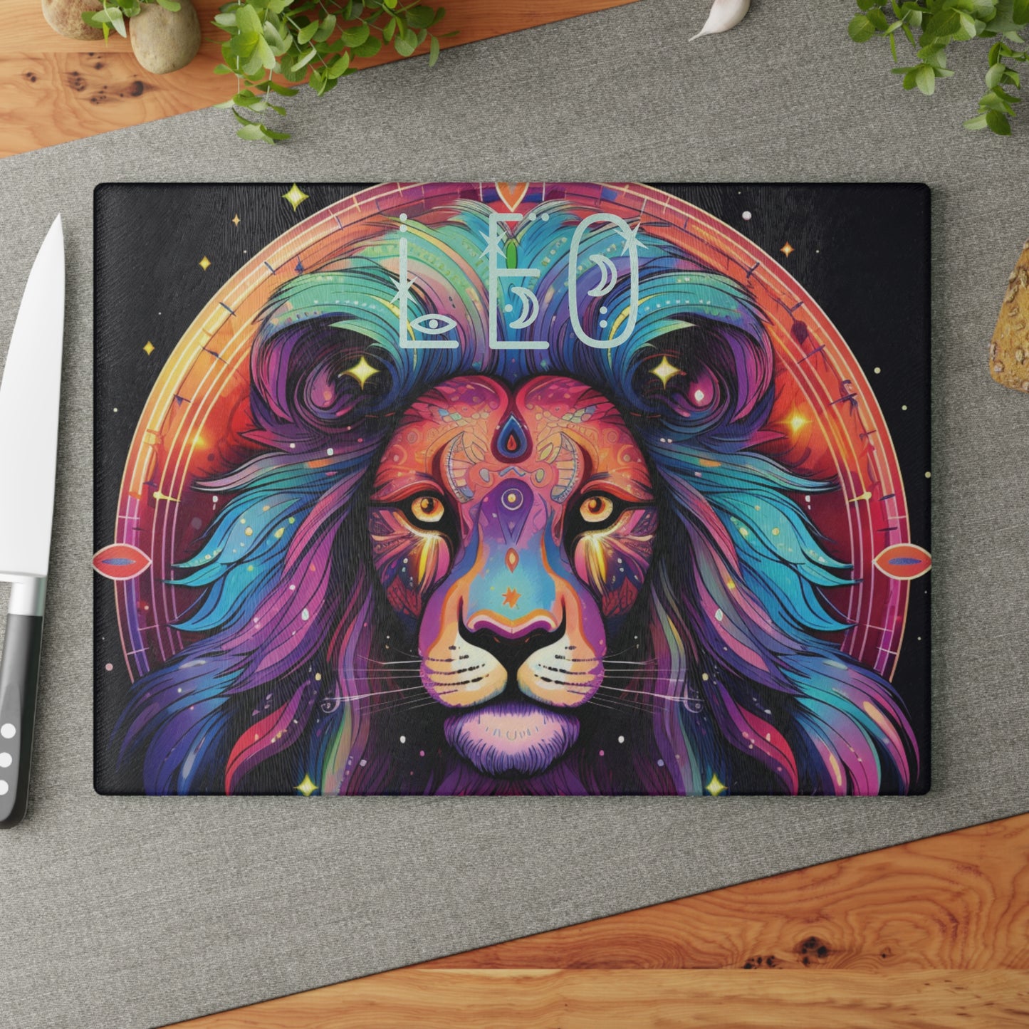 Vibrant Leo Zodiac Glass Cutting Board, Astrology Gift, Colorful Kitchen Decor, Unique Home Accent, Leo Sign Gift Idea