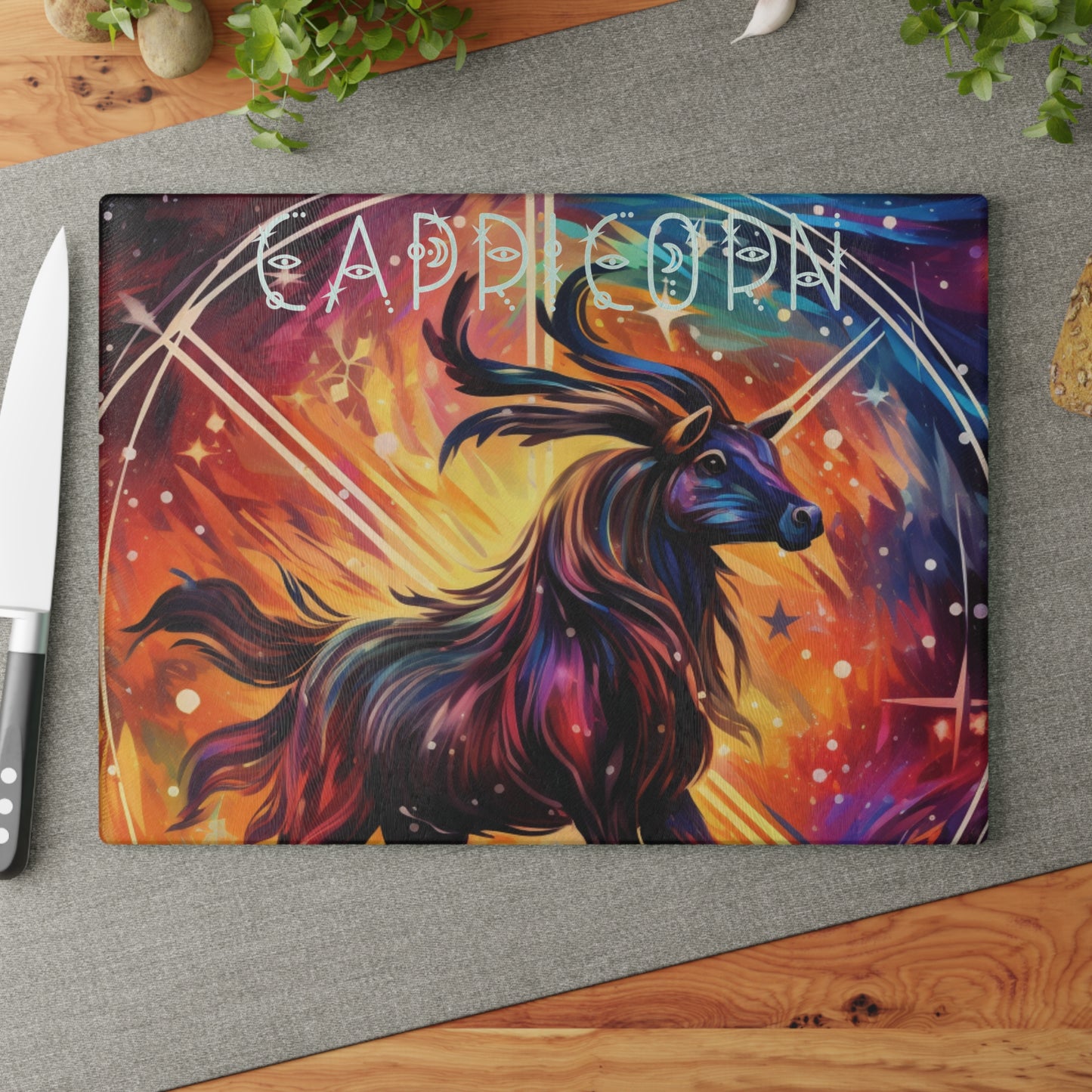 Celestial Capricorn Glass Cutting Board, Zodiac Sign Gift, Astrology Kitchen Decor, Unique Home Accessory, Perfect for Housewarming