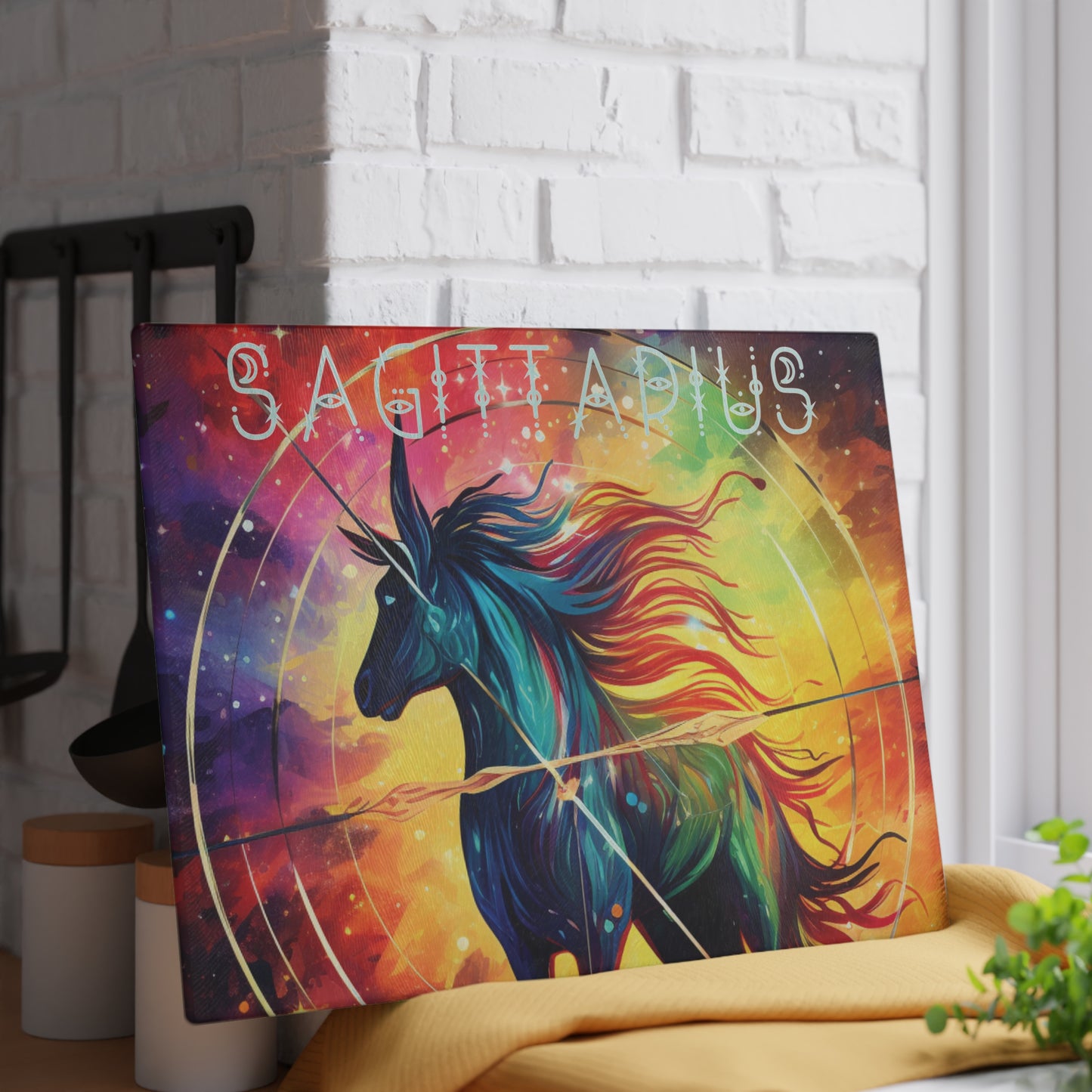 Vibrant Zodiac Glass Cutting Board, Sagittarius Gift, Colorful Kitchen Decor, Astrology Homeware, Unique Cooking Gift