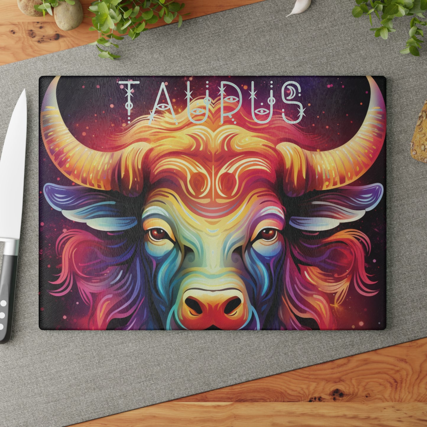 Vibrant Taurus Glass Cutting Board - Zodiac Gift, Kitchen Decor, Astrology Lover's Essential, Unique Housewarming Gift, Colorful Homeware