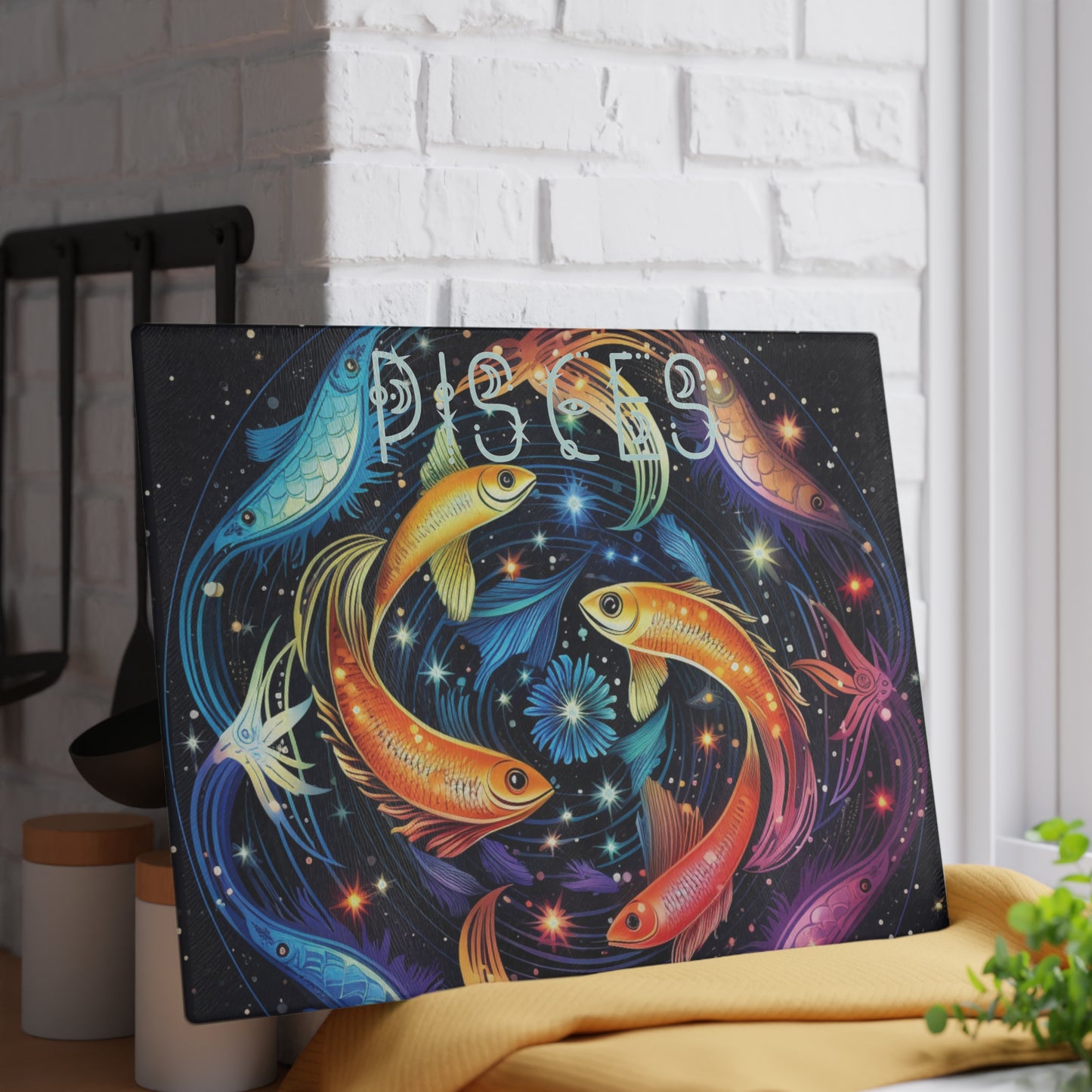 Vibrant Zodiac Glass Cutting Board - Pisces Art, Kitchen Decor, Gift for Astrologers, Cooking Accessory, Home Decor