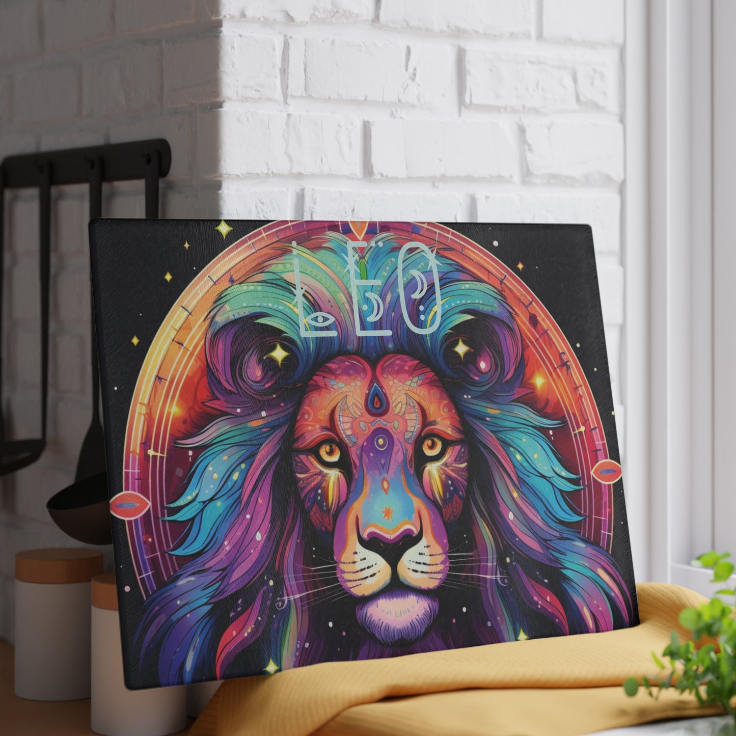 Vibrant Leo Zodiac Glass Cutting Board, Astrology Gift, Colorful Kitchen Decor, Unique Home Accent, Leo Sign Gift Idea