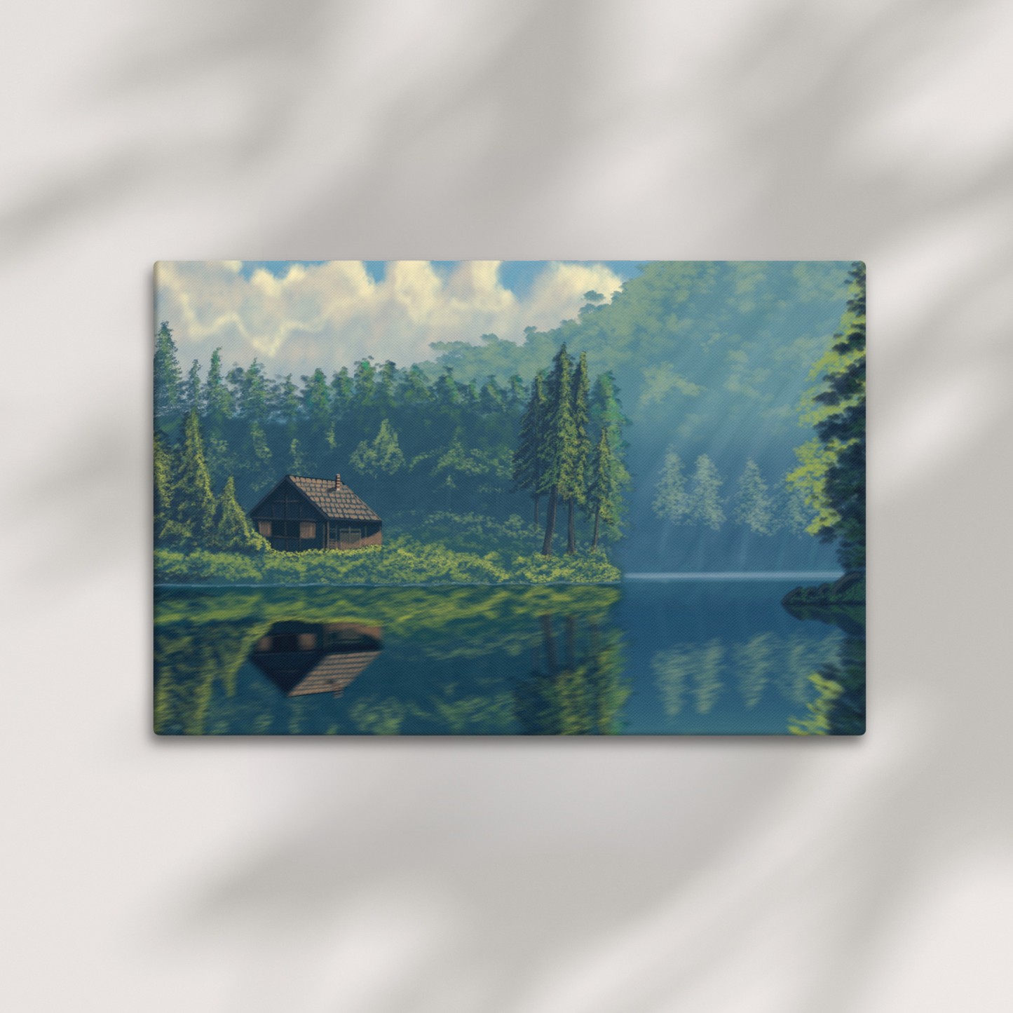 "Cabin On The Lake" Hand Stretched Canvas Painting Print