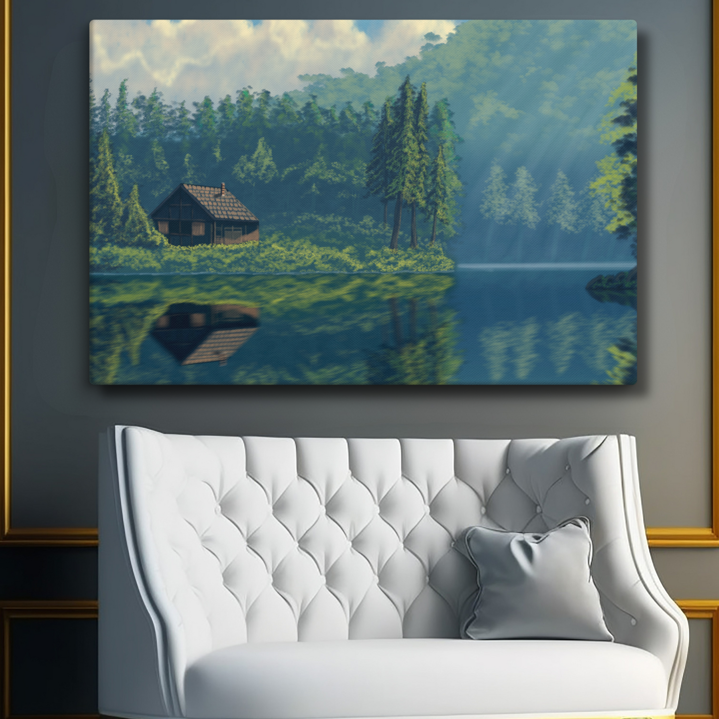 "Cabin On The Lake" Hand Stretched Canvas Painting Print