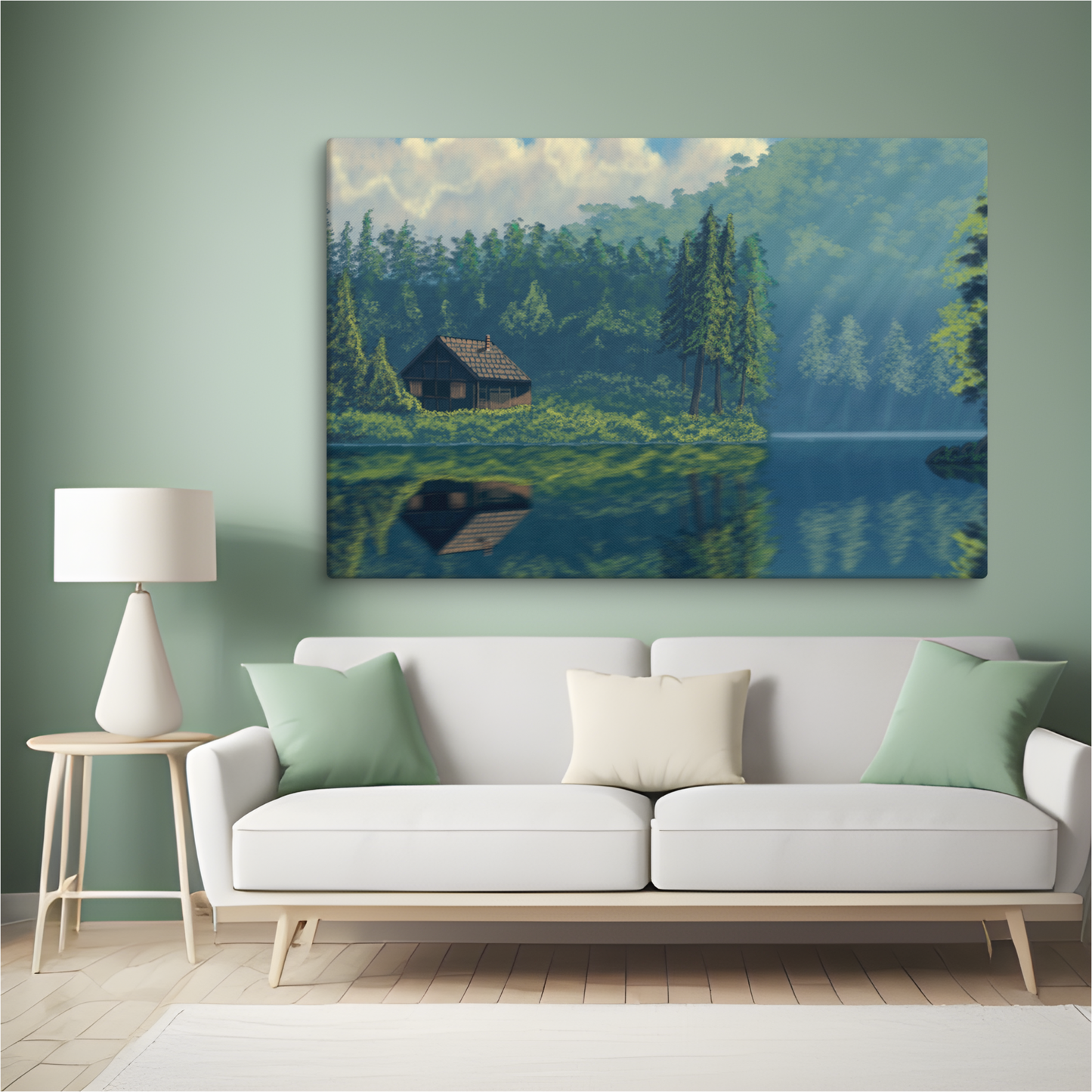 "Cabin On The Lake" Hand Stretched Canvas Painting Print
