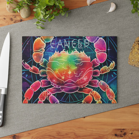 Vibrant Cancer Zodiac Glass Cutting Board, Colorful Kitchen Decor, Astrology Gift, Chef's Gift, Home Decor, Cancer Sign, Housewarming Gift