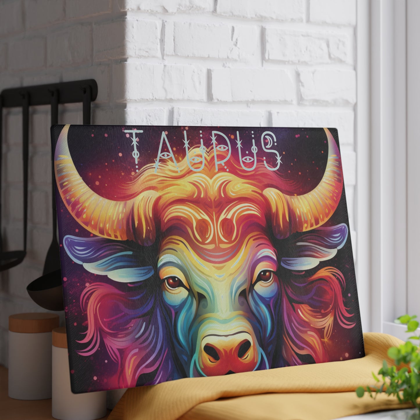 Vibrant Taurus Glass Cutting Board - Zodiac Gift, Kitchen Decor, Astrology Lover's Essential, Unique Housewarming Gift, Colorful Homeware