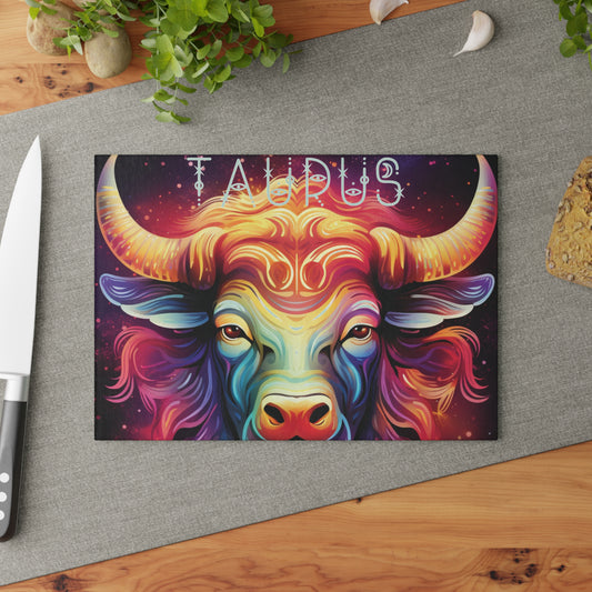 Vibrant Taurus Glass Cutting Board - Zodiac Gift, Kitchen Decor, Astrology Lover's Essential, Unique Housewarming Gift, Colorful Homeware