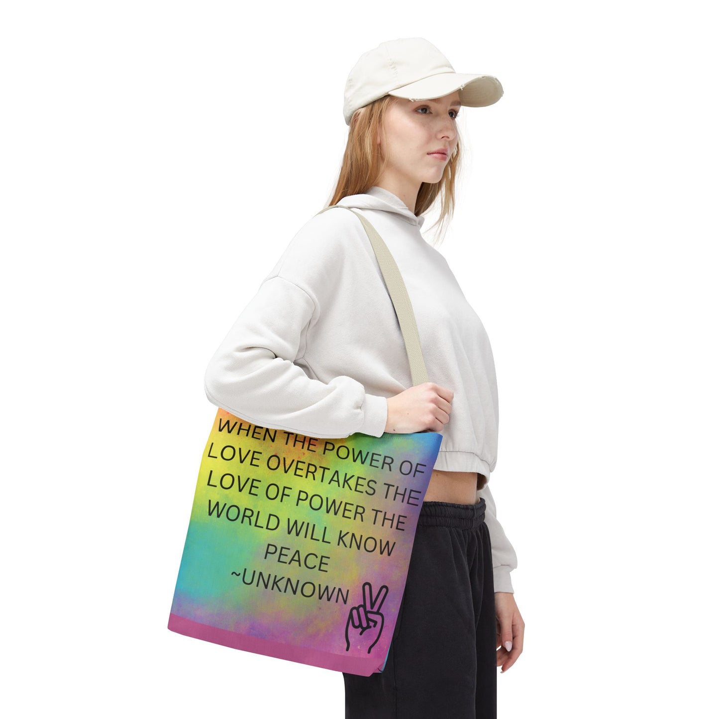 Colorful Peace Quote Tote Bag, Book Bag for Students, Beach Tote, Reusable Shopping Bag, Inspirational Handbag