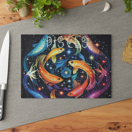 Vibrant Zodiac Glass Cutting Board - Pisces Art, Kitchen Decor, Gift for Astrologers, Cooking Accessory, Home Decor