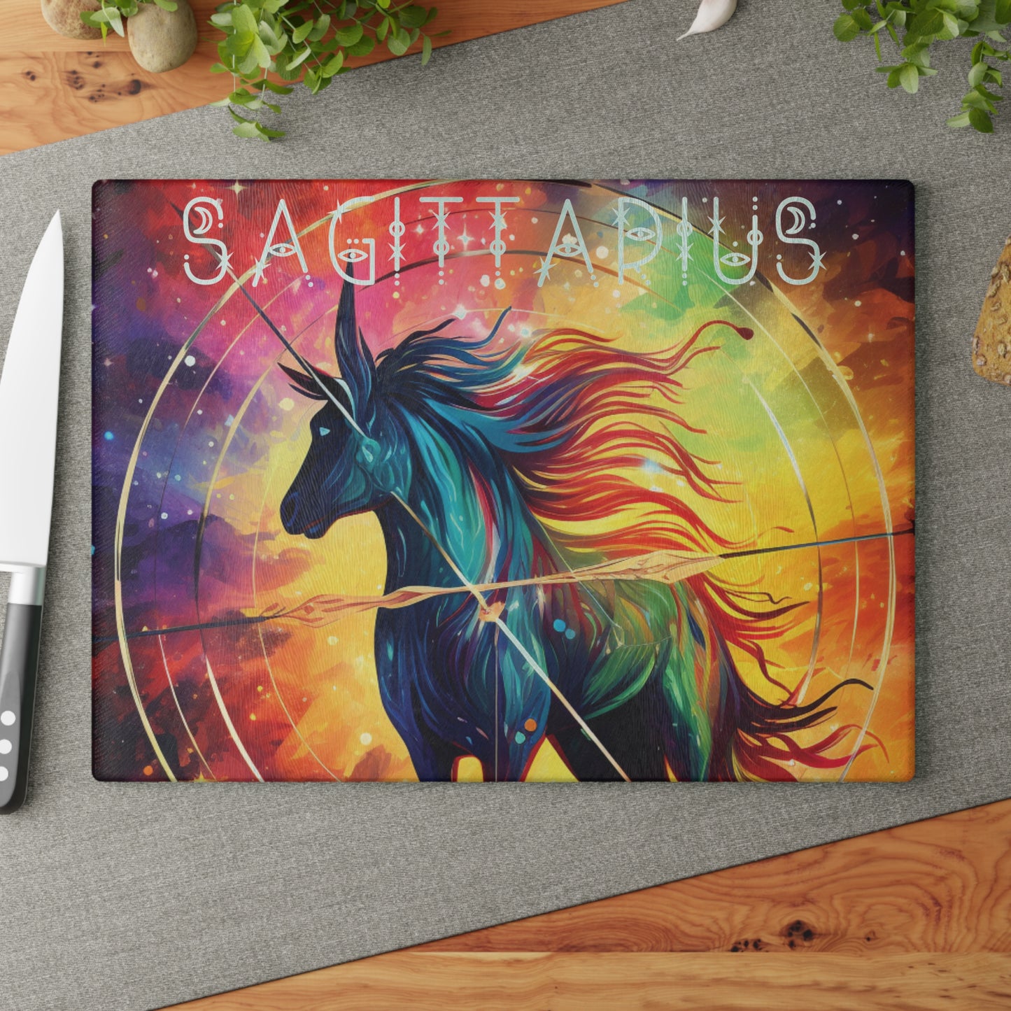 Vibrant Zodiac Glass Cutting Board, Sagittarius Gift, Colorful Kitchen Decor, Astrology Homeware, Unique Cooking Gift