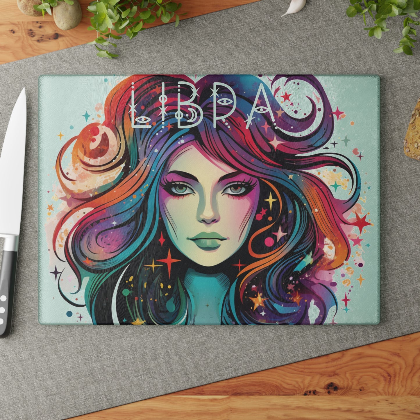 Astrology Libra Cutting Board, Personalized Kitchen Gift, Horoscope Decor, Unique Gift for Chefs, Celestial Glass Cutting Board