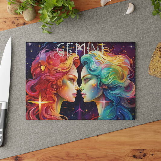 Gemini Glass Cutting Board, Zodiac Kitchen Gift, Colorful Astrology Decor, Unique Homeware, Gift For Chef's,