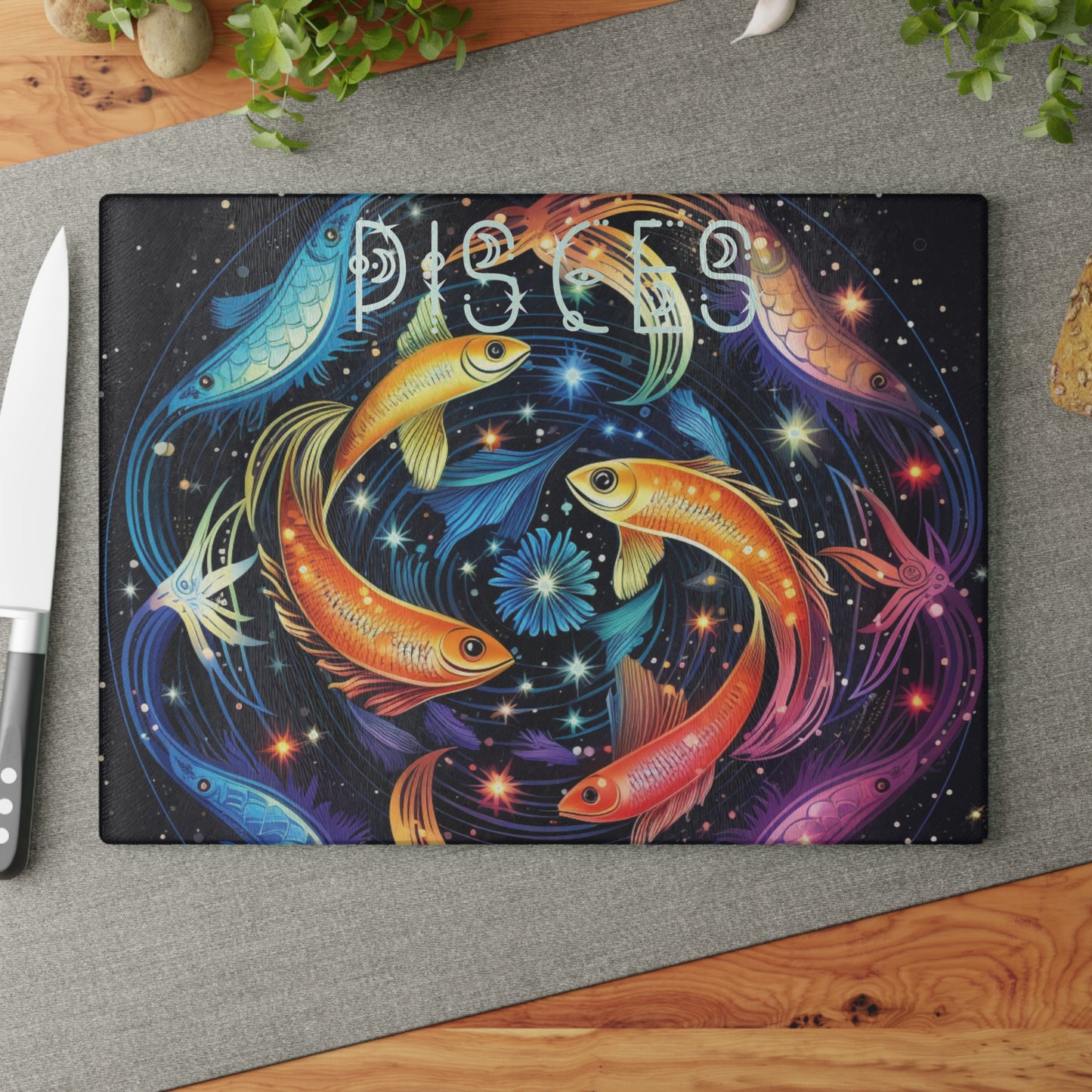 Vibrant Zodiac Glass Cutting Board - Pisces Art, Kitchen Decor, Gift for Astrologers, Cooking Accessory, Home Decor