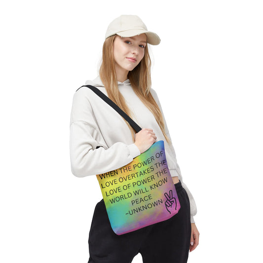 Colorful Peace Quote Tote Bag, Book Bag for Students, Beach Tote, Reusable Shopping Bag, Inspirational Handbag