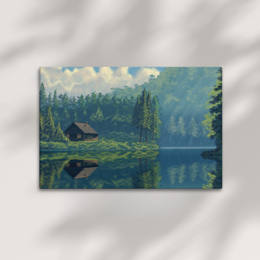 "Cabin On The Lake" Hand Stretched Canvas Painting Print