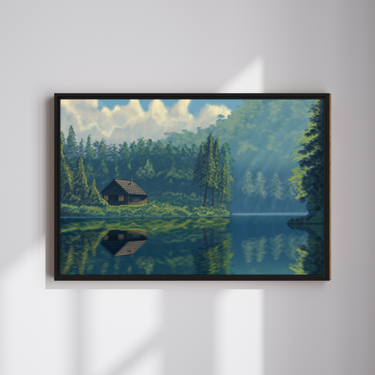 "Cabin On The Lake" Painting Framed Canvas Print