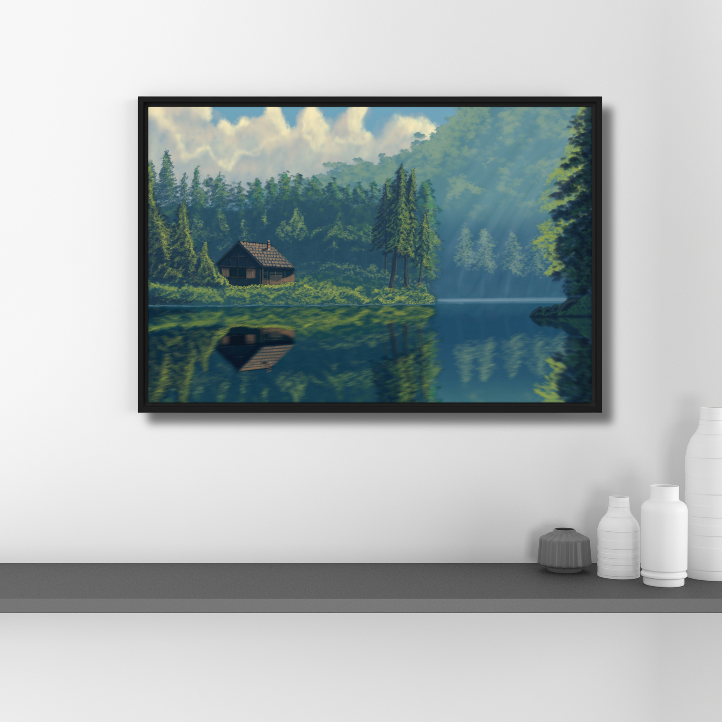 "Cabin On The Lake" Painting Framed Canvas Print
