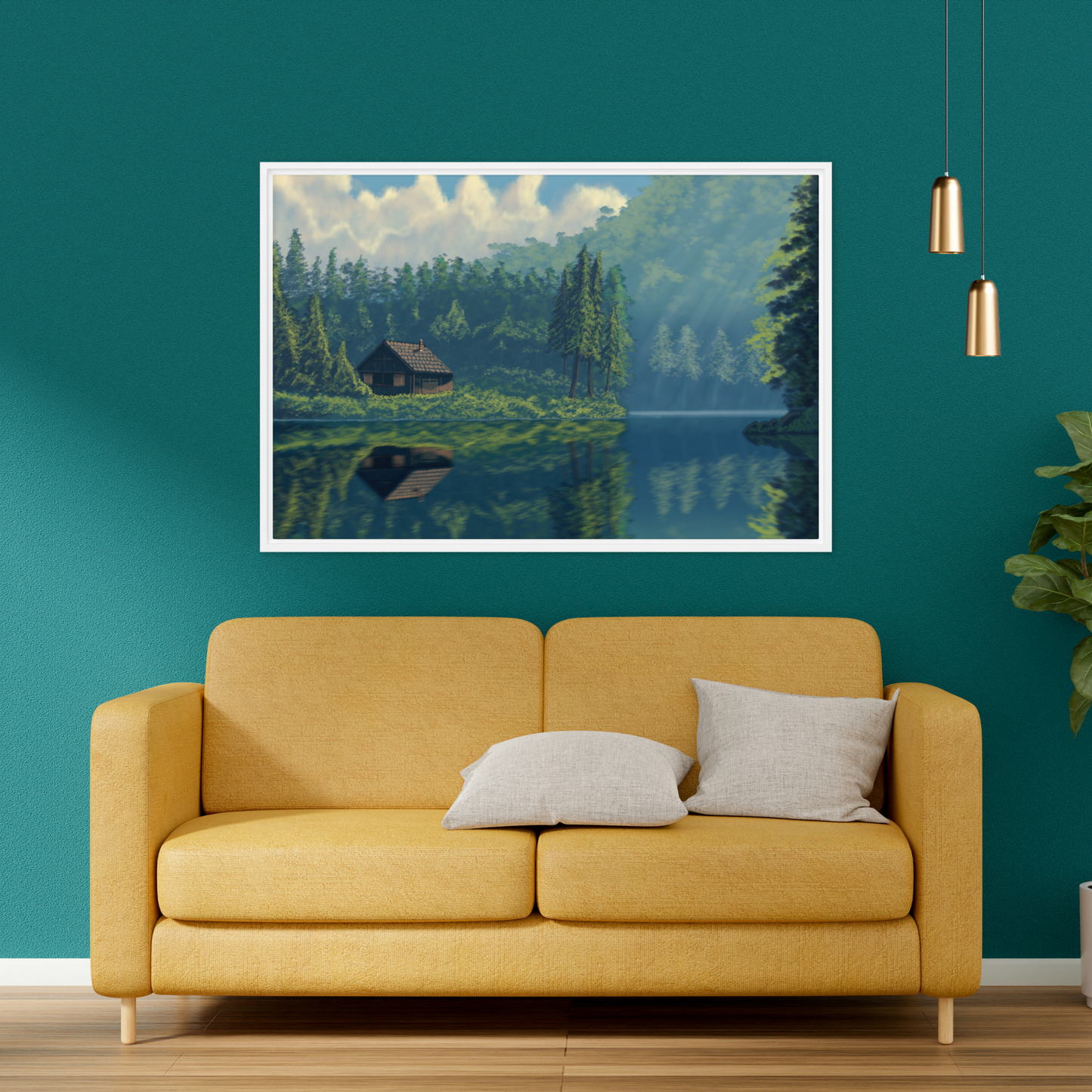 "Cabin On The Lake" Painting Framed Canvas Print