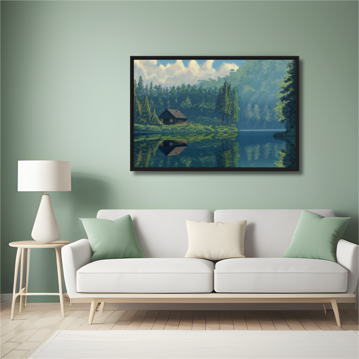"Cabin On The Lake" Painting Framed Canvas Print