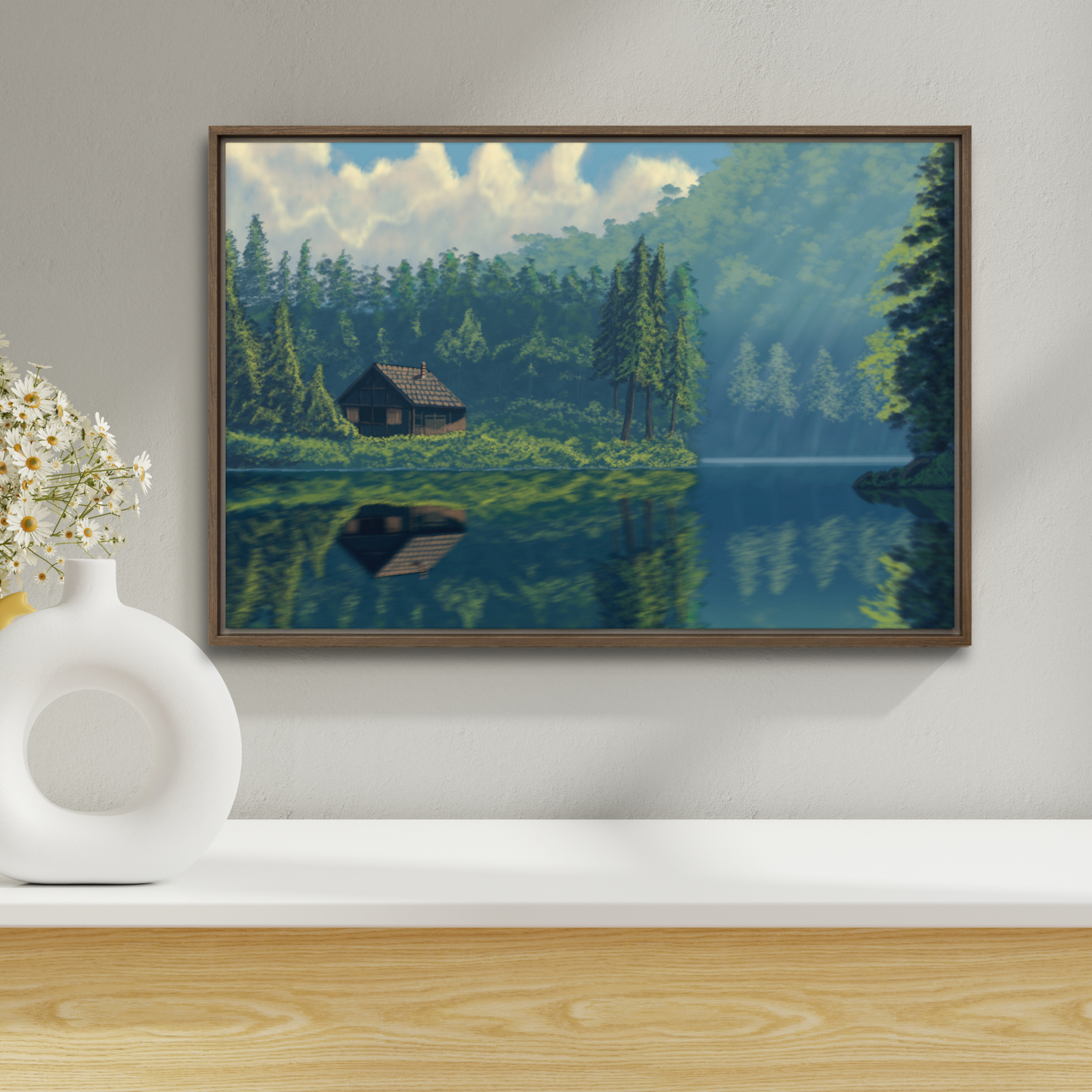 "Cabin On The Lake" Painting Framed Canvas Print
