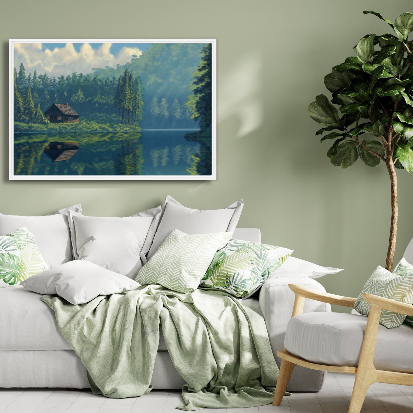 "Cabin On The Lake" Painting Framed Canvas Print