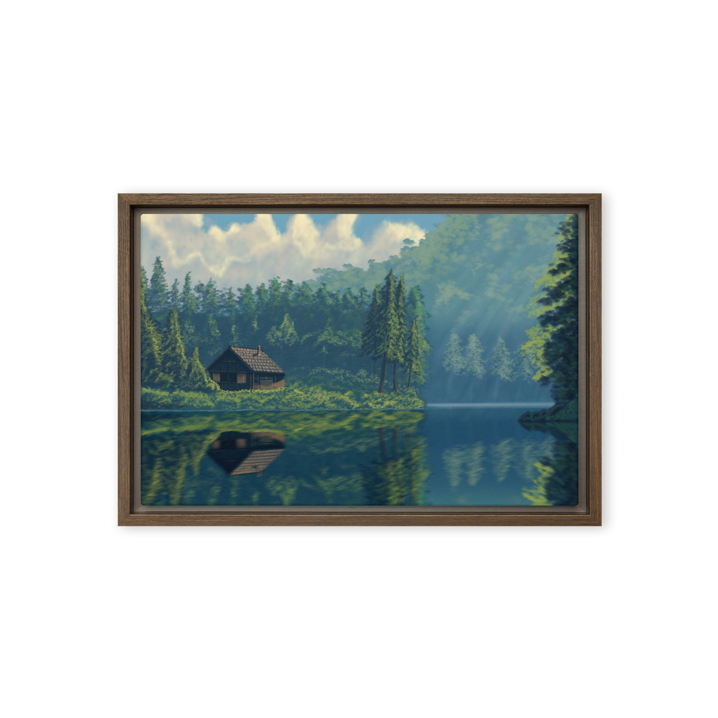 "Cabin On The Lake" Painting Framed Canvas Print