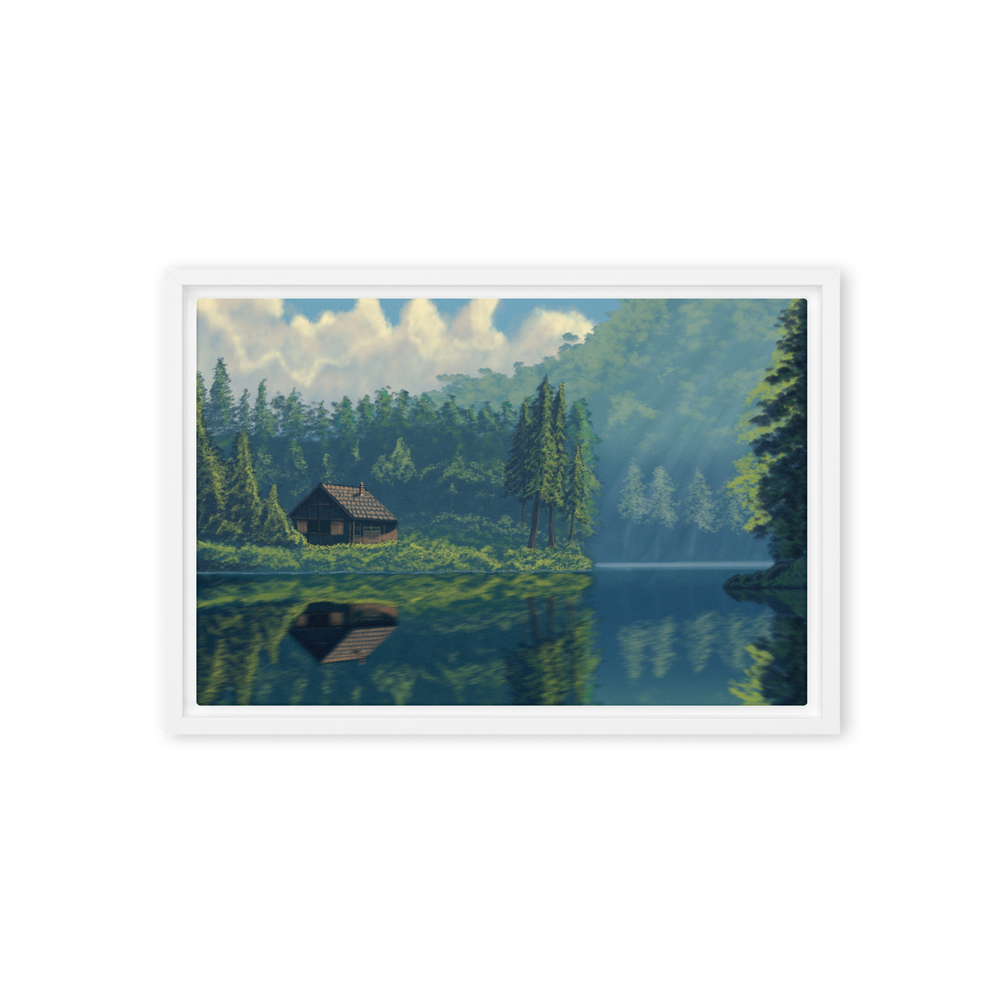 "Cabin On The Lake" Painting Framed Canvas Print