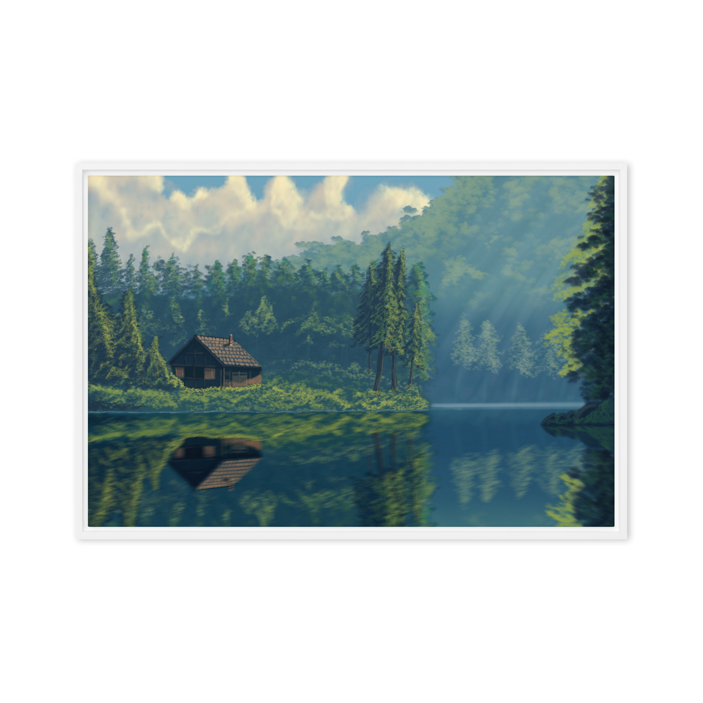 "Cabin On The Lake" Painting Framed Canvas Print